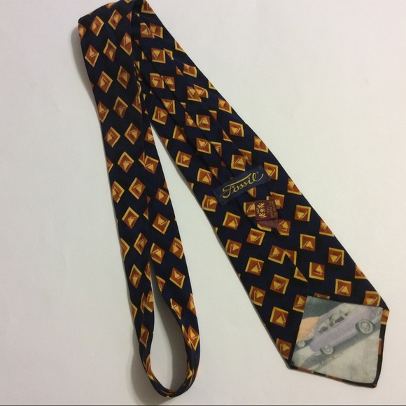 Fossil Necktie Blue Geometric Pattern Silk Neck Tie 59x4" - Picture 5 of 5